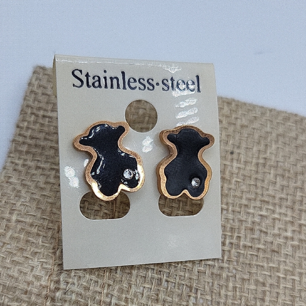Rose Gold Stainless Steel Black Bear Earrings